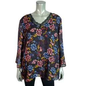 Massini Womens Top Plus Size 2X‎ Flare Sleeve Lined V-Neck Floral Pullover Black